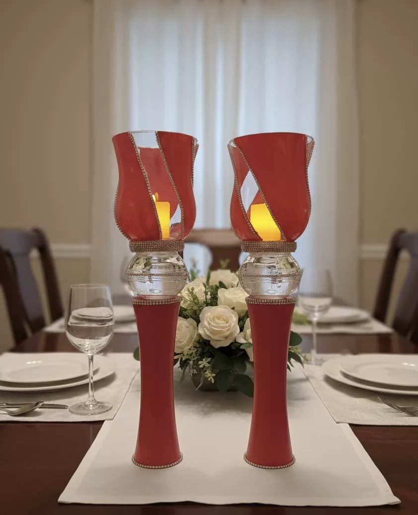 Tall Red Candleholder with Rhinestone Trim - Luxury Home Decor