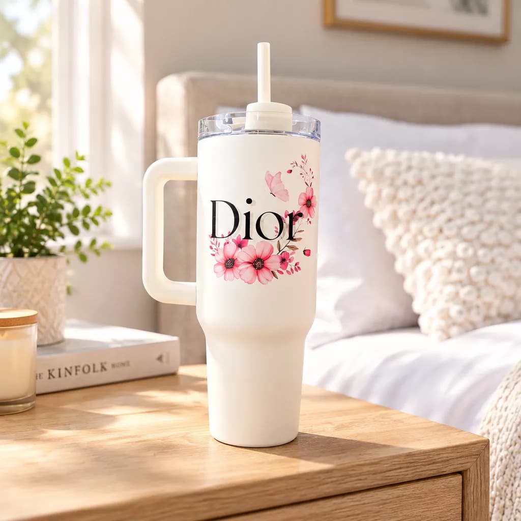 Elegant Dior Floral Travel Mug - Sip in Style - Tumblers
