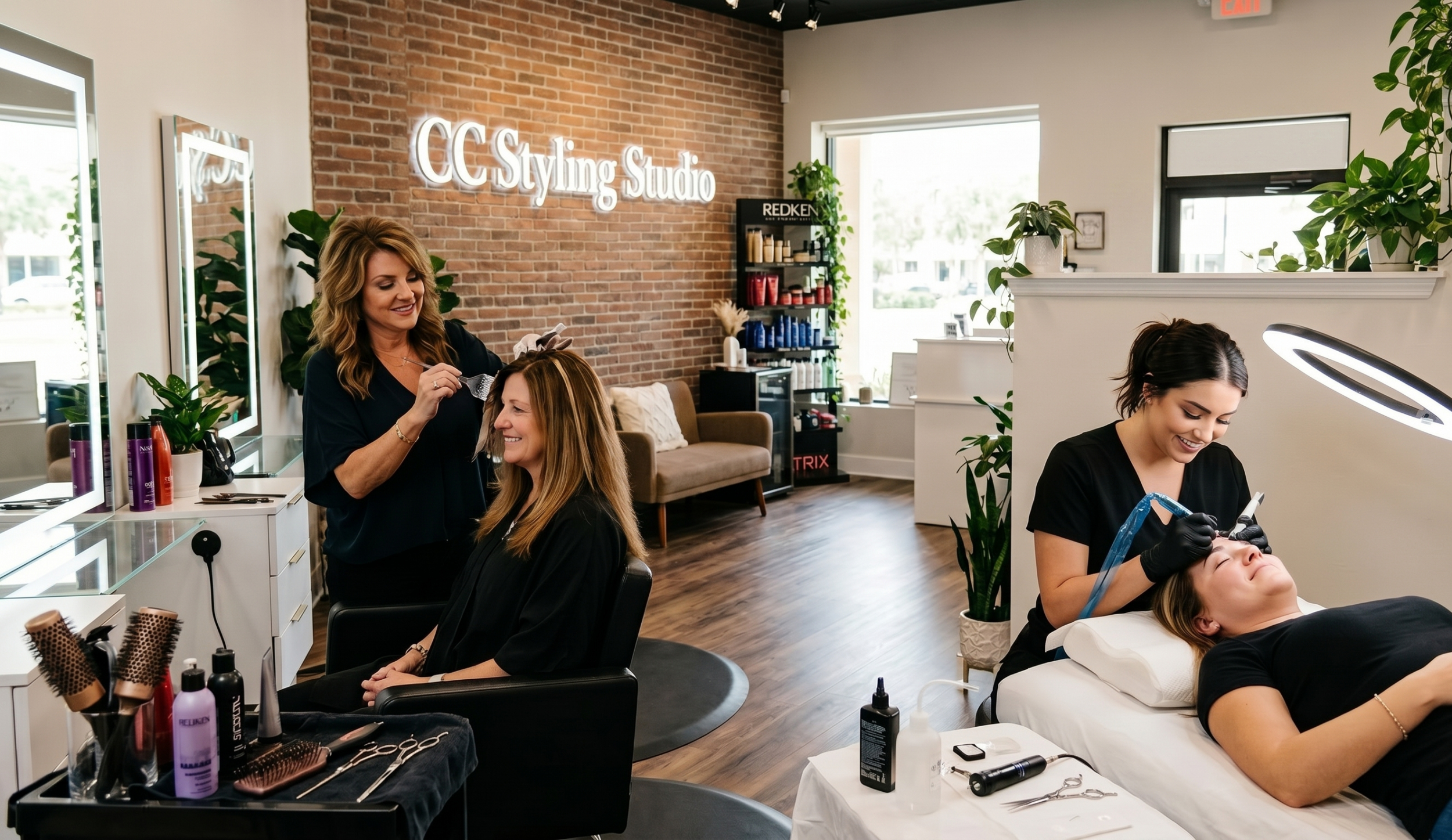 A vibrant, upscale boutique salon interior featuring a hairstylist and a permanent makeup artist working on clients, with a brick wall and a glowing "CC Styling Studio" sign.