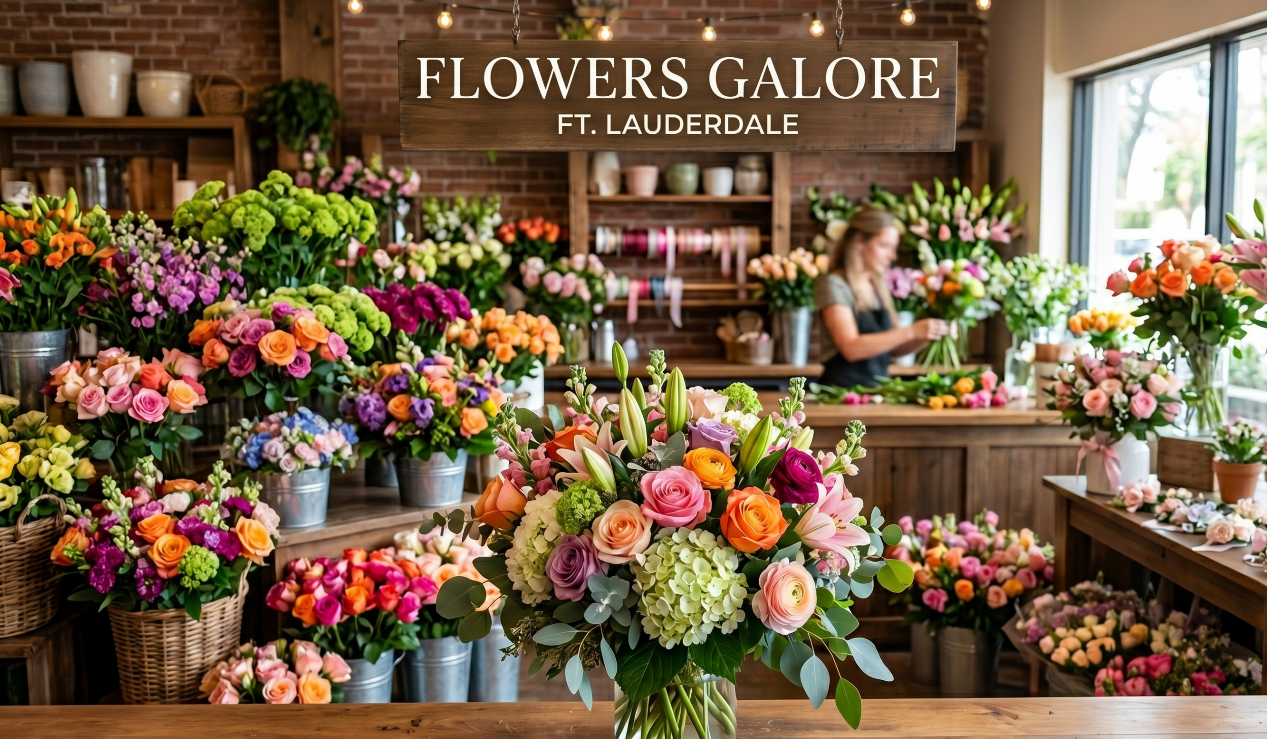 A vibrant interior view of a Fort Lauderdale flower shop called 'Flowers Galore', filled with countless fresh bouquets, baskets, and potted plants, with a florist working at a back counter and a central bouquet in sharp focus.