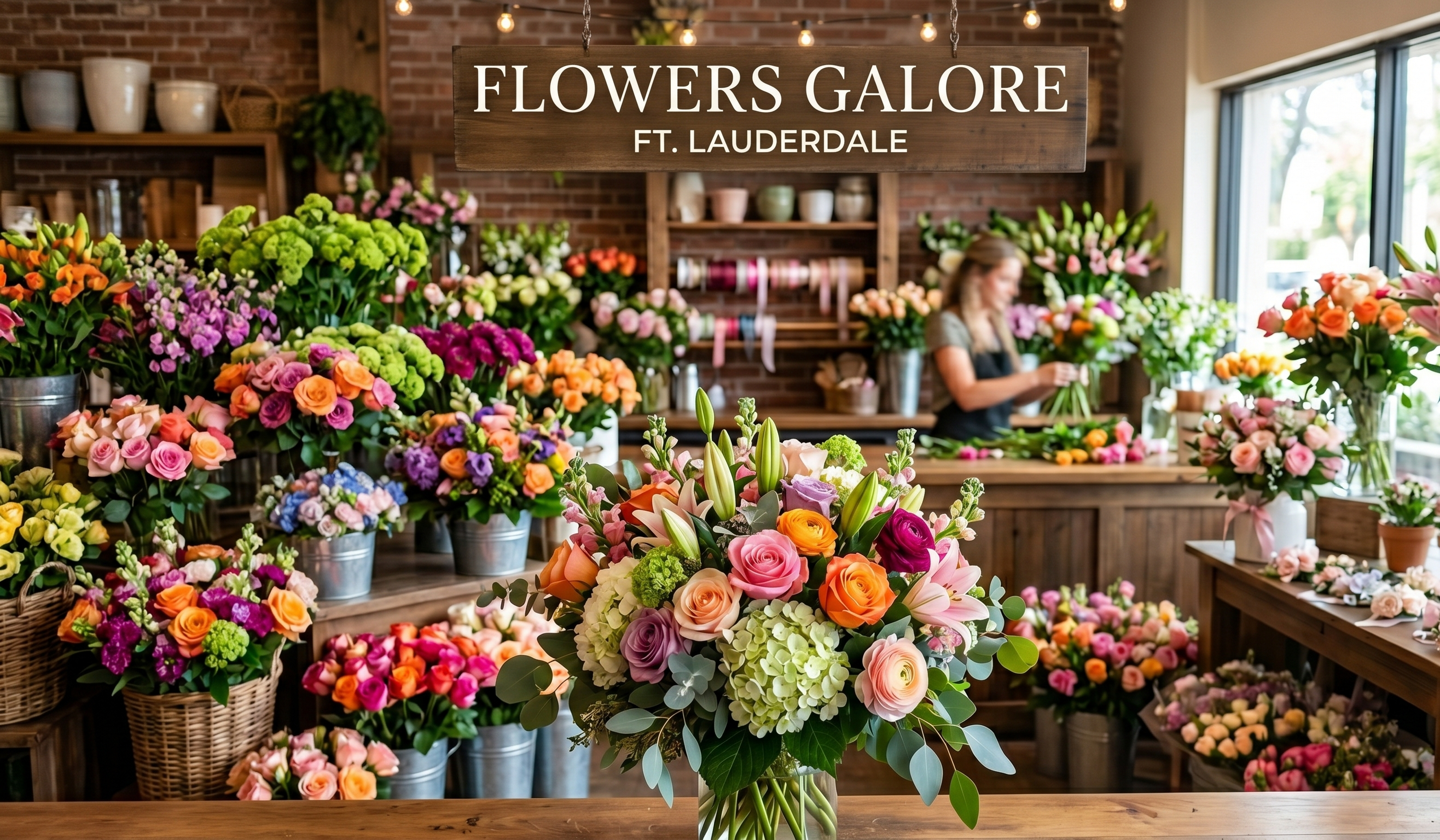 A vibrant interior view of a Fort Lauderdale flower shop called 'Flowers Galore', filled with countless fresh bouquets, baskets, and potted plants, with a florist working at a back counter and a central bouquet in sharp focus.