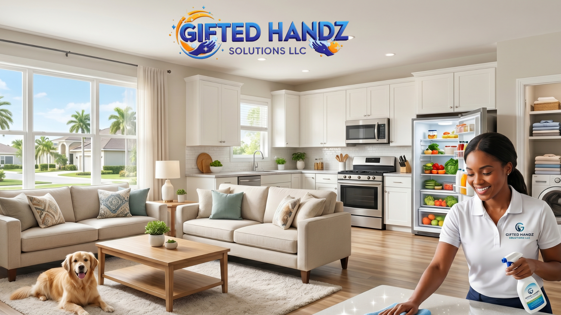 An African American woman in a "Gifted Handz Solutions LLC" shirt cleans a modern kitchen island with a spray bottle, near an open, fresh refrigerator and a living area with a golden retriever.
