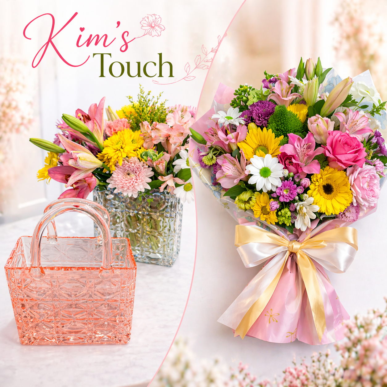 Collage of vibrant floral arrangements with a pink glass basket and a hand-tied bouquet, branded “Kim’s Touch” in soft pastel tones.