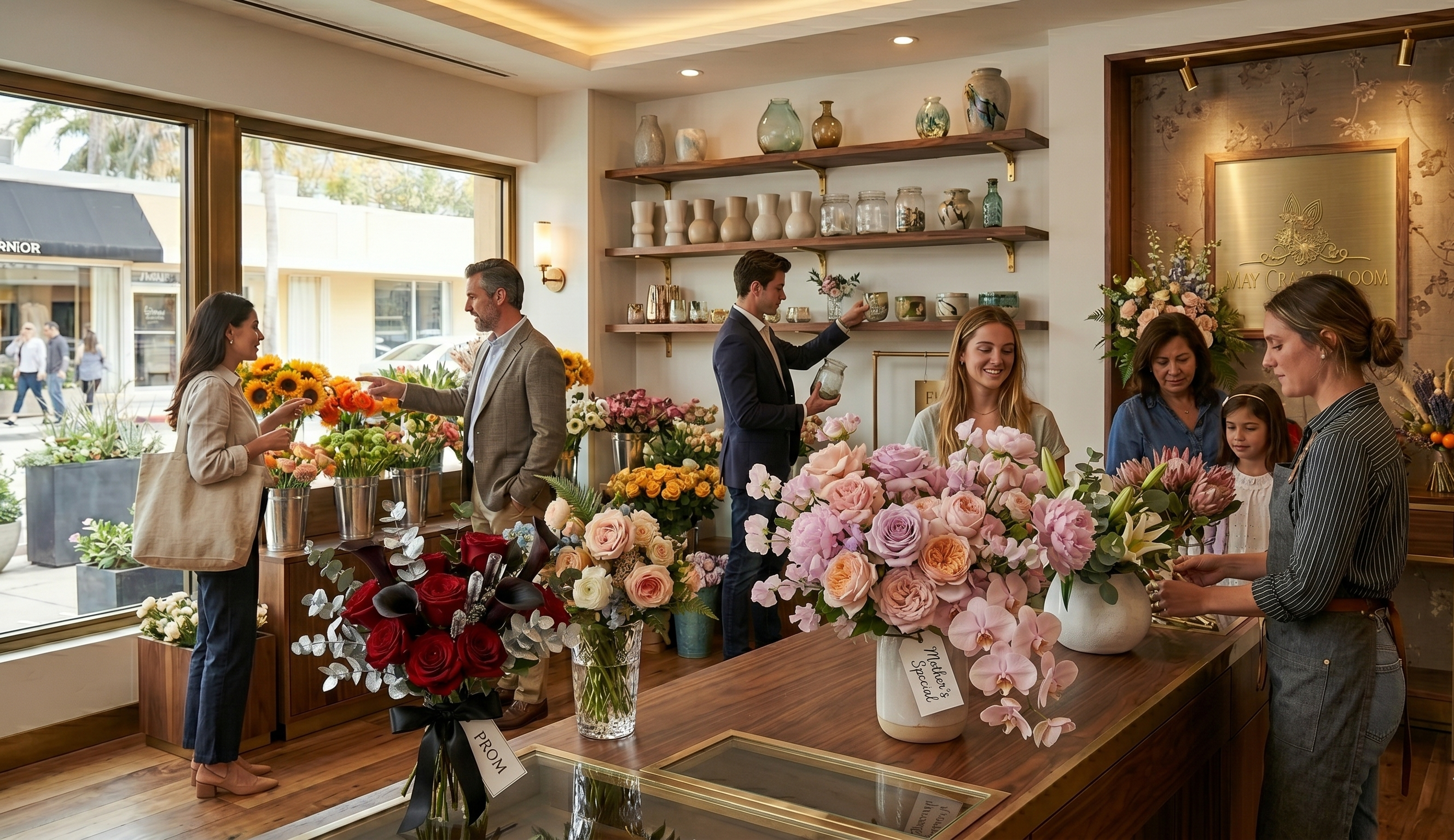 A sophisticated floral boutique featuring the golden May Crazy Bloom logo, elegant displays of best-selling bouquets, and a professional florist assisting customers.