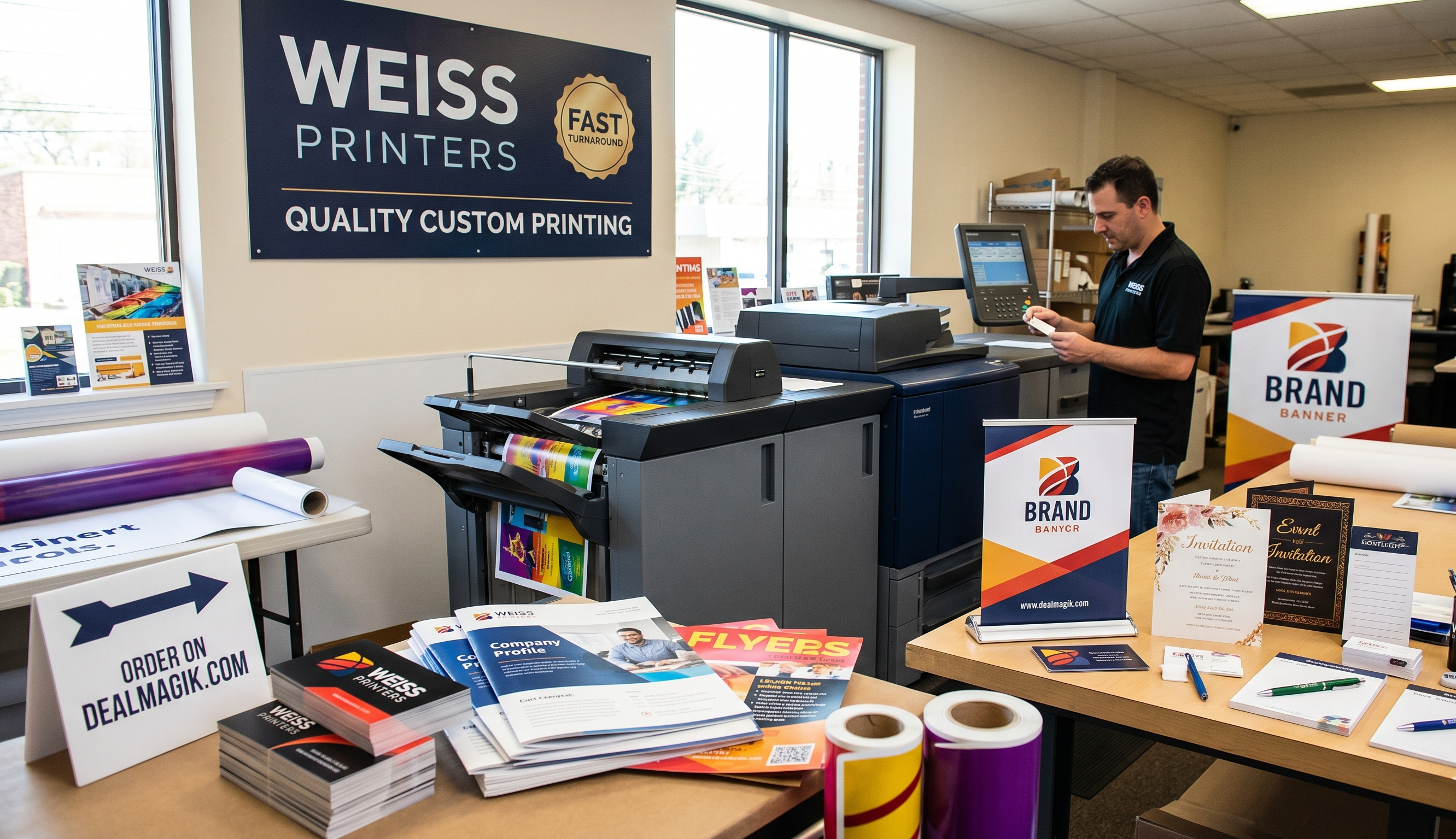 A professional print shop technician inspects high-quality custom business cards next to a large digital printing press surrounded by vibrant marketing brochures, banners, and event invitations.