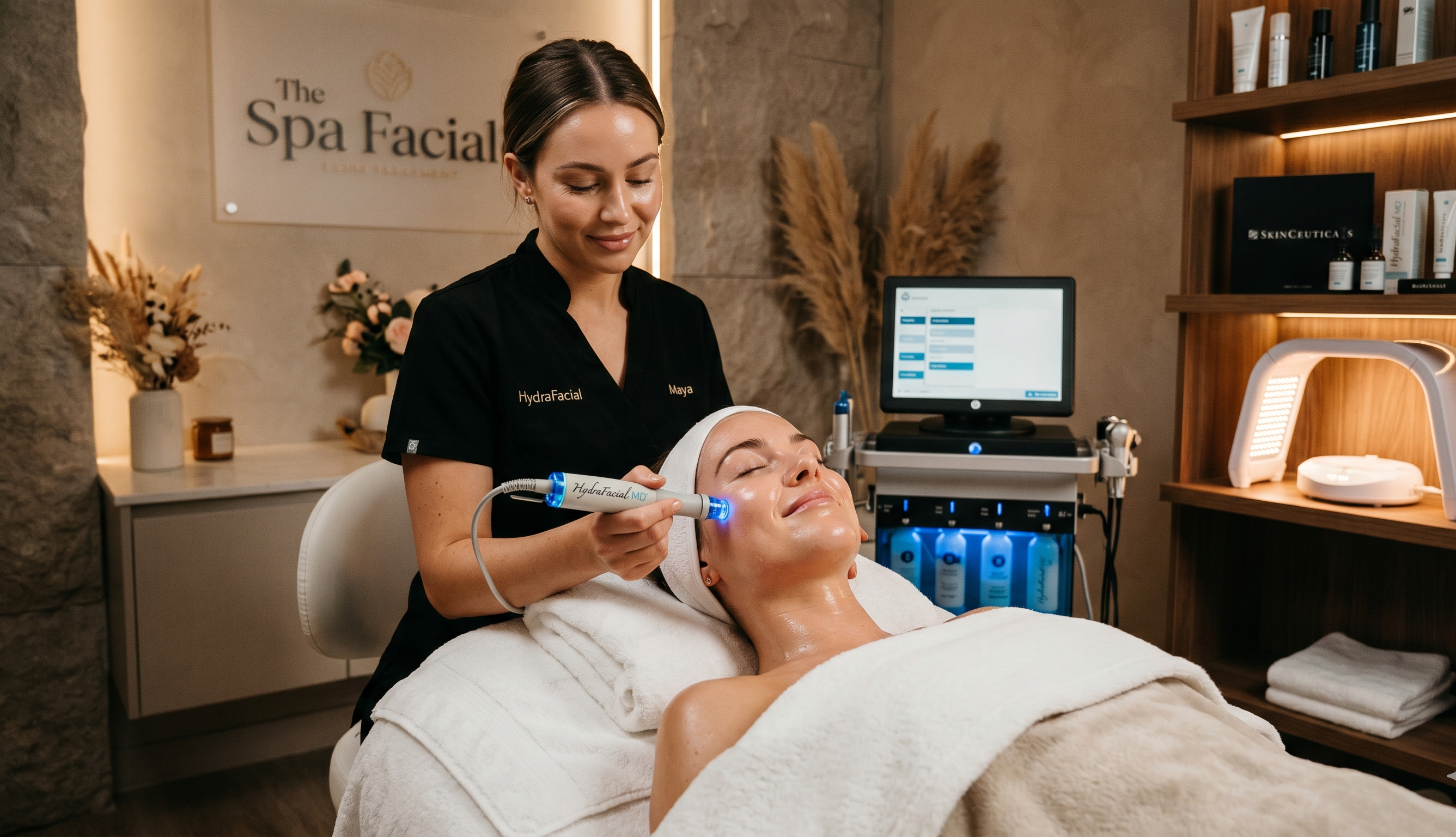 A woman receives a medical-grade HydraFacial treatment from a smiling esthetician at The Spa Facial, surrounded by modern skincare technology and premium products.
