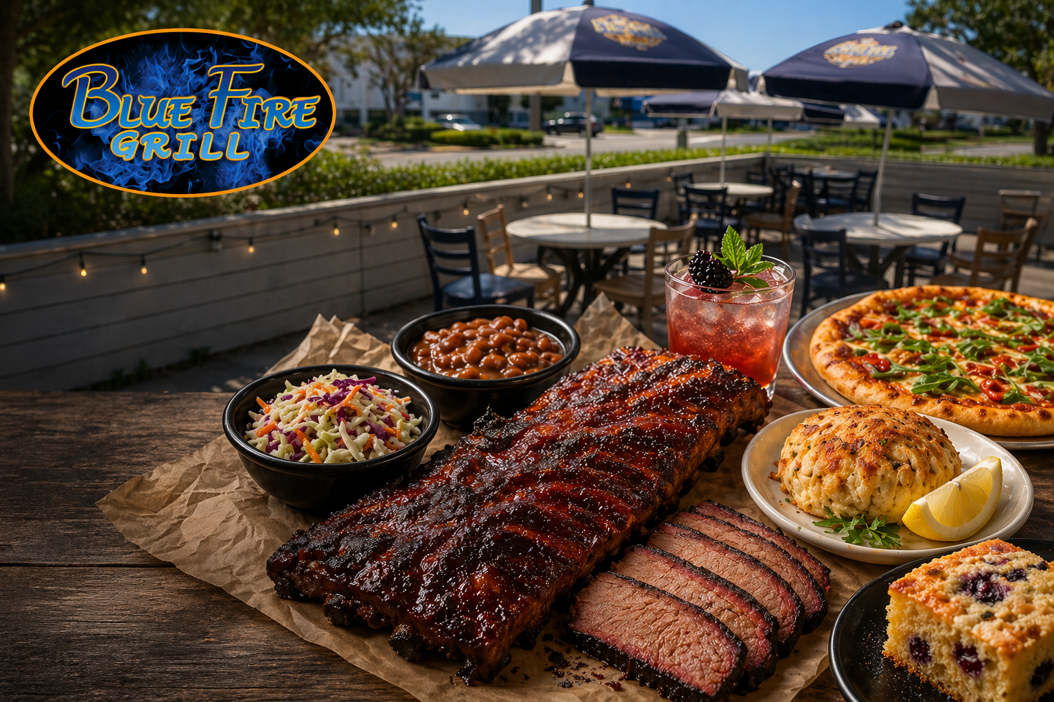 BBQ ribs, brisket, and sides served on an outdoor patio at Blue Fire Grill.