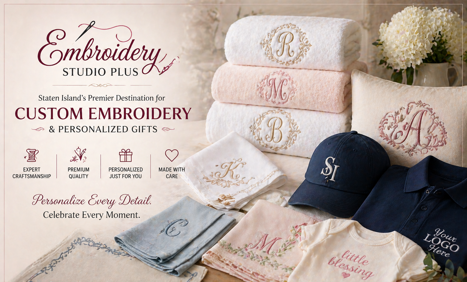 Elegant Embroidery Studio Plus banner featuring personalized embroidered towels, linens, apparel, and monogrammed gifts in a luxury neutral setting.