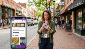 A person standing on the mainstreet of a typical american main street with a variety of shops - and holding holding a phone. Ideally the viewer can see that they are using dealmagik to shop.