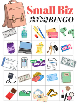 Illustrated “Small Biz Bingo” board featuring small business essentials like a backpack, laptop, planner, business cards, earbuds, snacks, makeup, cash, and DealMagik-themed items.
