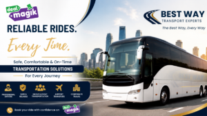 Best Way Transport Experts luxury coach bus offering airport transfers, corporate travel, group transportation, and reliable transportation services on DealMagik.