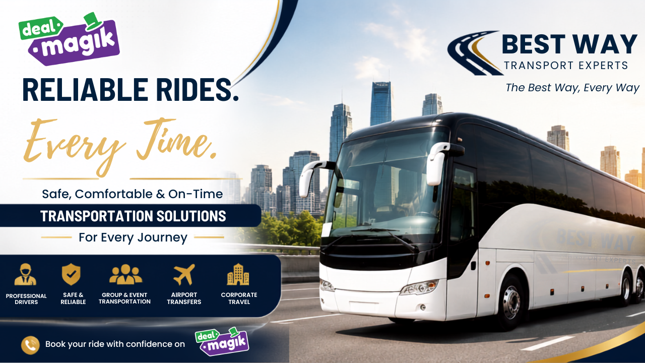 Best Way Transport Experts luxury coach bus offering airport transfers, corporate travel, group transportation, and reliable transportation services on DealMagik.