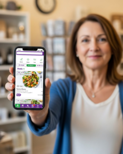 A person holding a smartphone displaying the DealMagik app, showcasing deals on food items like highlighting the app's convenience for local business promotions.
