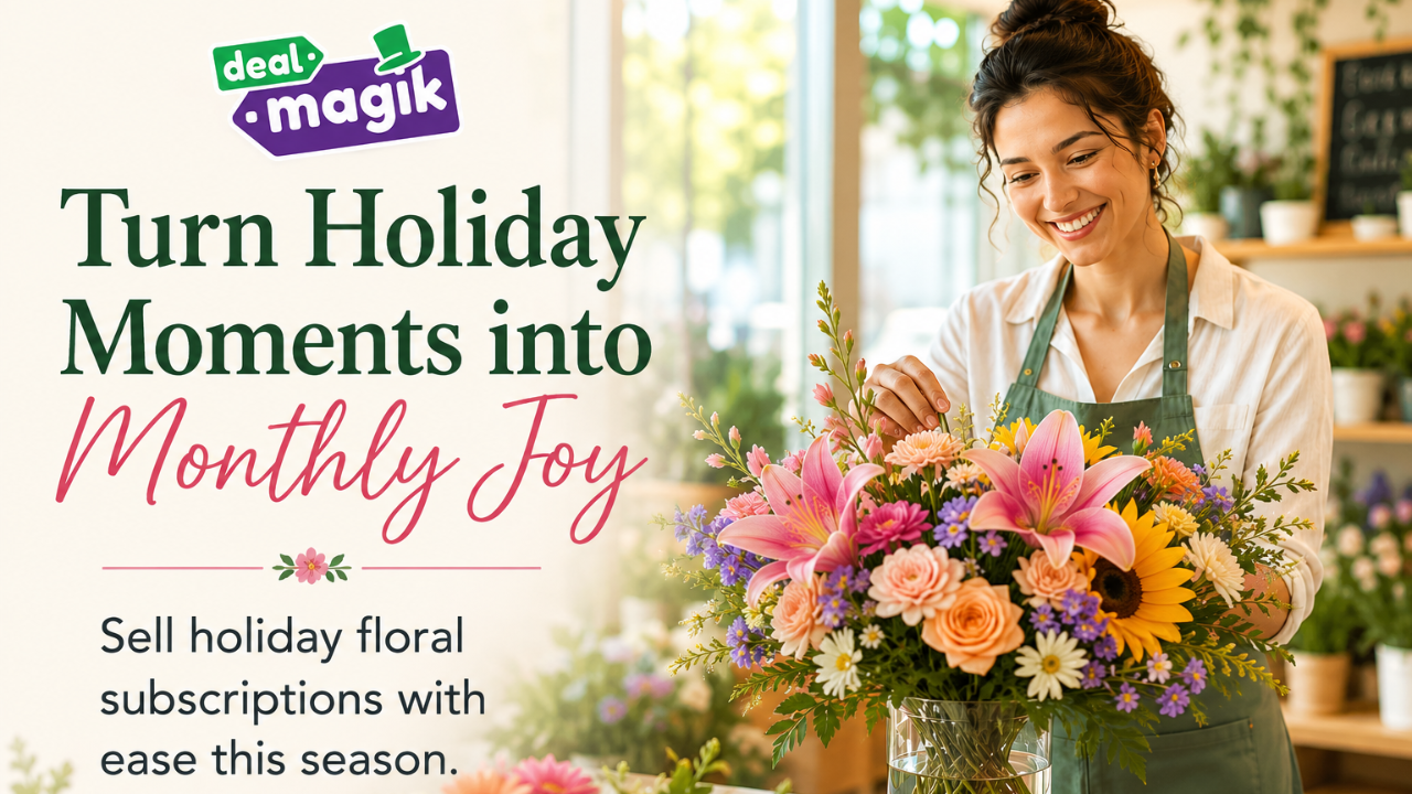 DealMagik promotional banner featuring a florist creating a colorful seasonal bouquet with the message “Turn Holiday Moments into Monthly Joy” and promoting holiday floral subscriptions.
