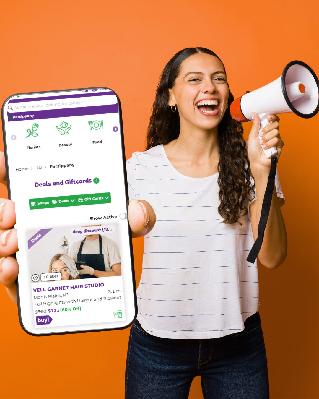 A woman with a megaphone and the DealMagik app, showcasing how the platform helps local businesses reach a broader audience with exclusive deals.