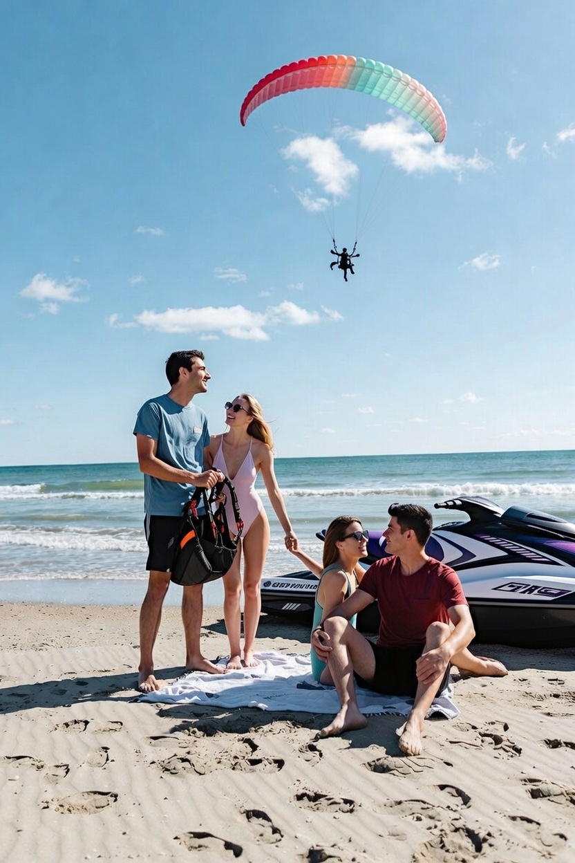 Group of friends on beach watching colorful parasailing adventure with jet skis in background