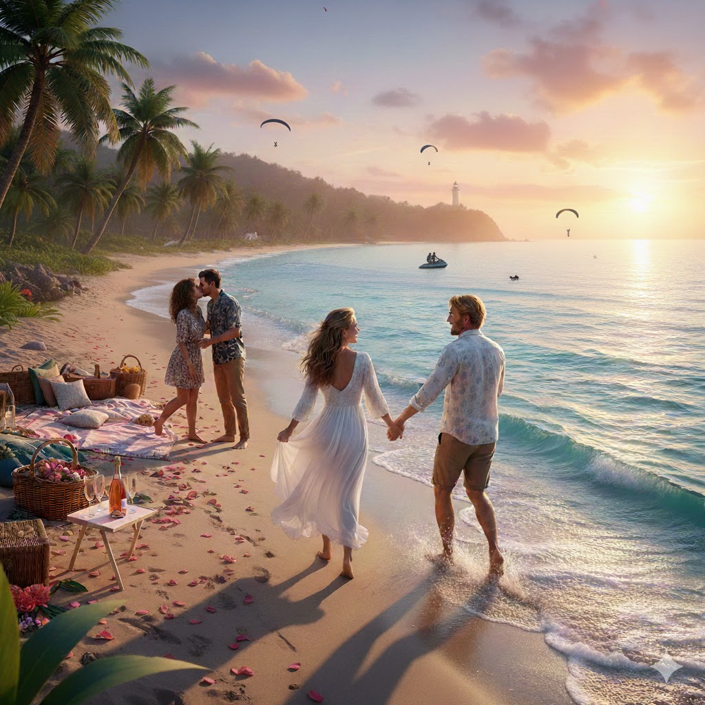 Romantic couples on tropical beach at sunset with picnic, parasailing, and ocean adventures