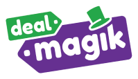 Logo for Deal Magik featuring a green badge reading 'deal' and a purple wordmark 'magik' with a green top hat.