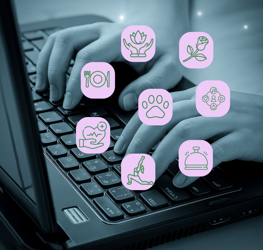 Icons for online wellness services floating over a laptop keyboard, including plant care, flower, dining, pet care, fitness, health/heart with hands, community network, exercise pose, and concierge bell.