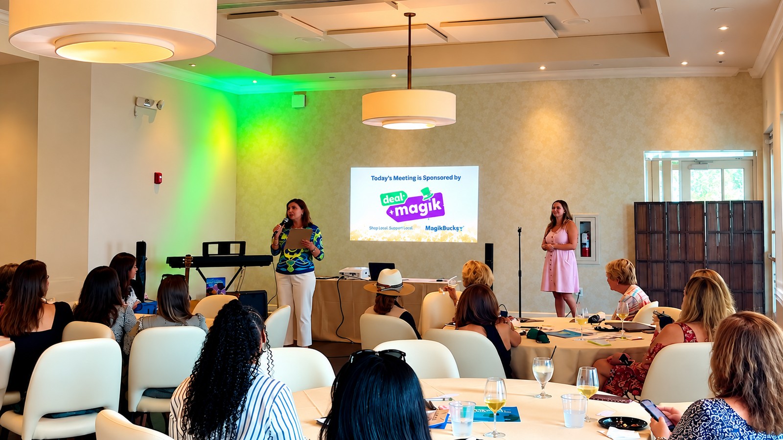Two women present on a stage in a well-lit conference room; one speaks into a microphone while the other stands nearby as a screen shows a sponsor graphic behind them.